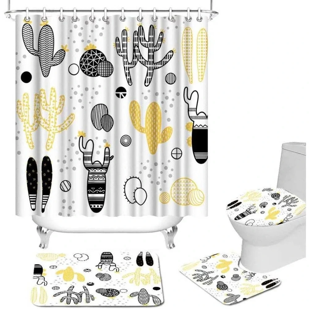 4 Pcs Cactus Bathroom Sets Black & Yellow Shower Curtain, Mat, Toilet Cover, Mat